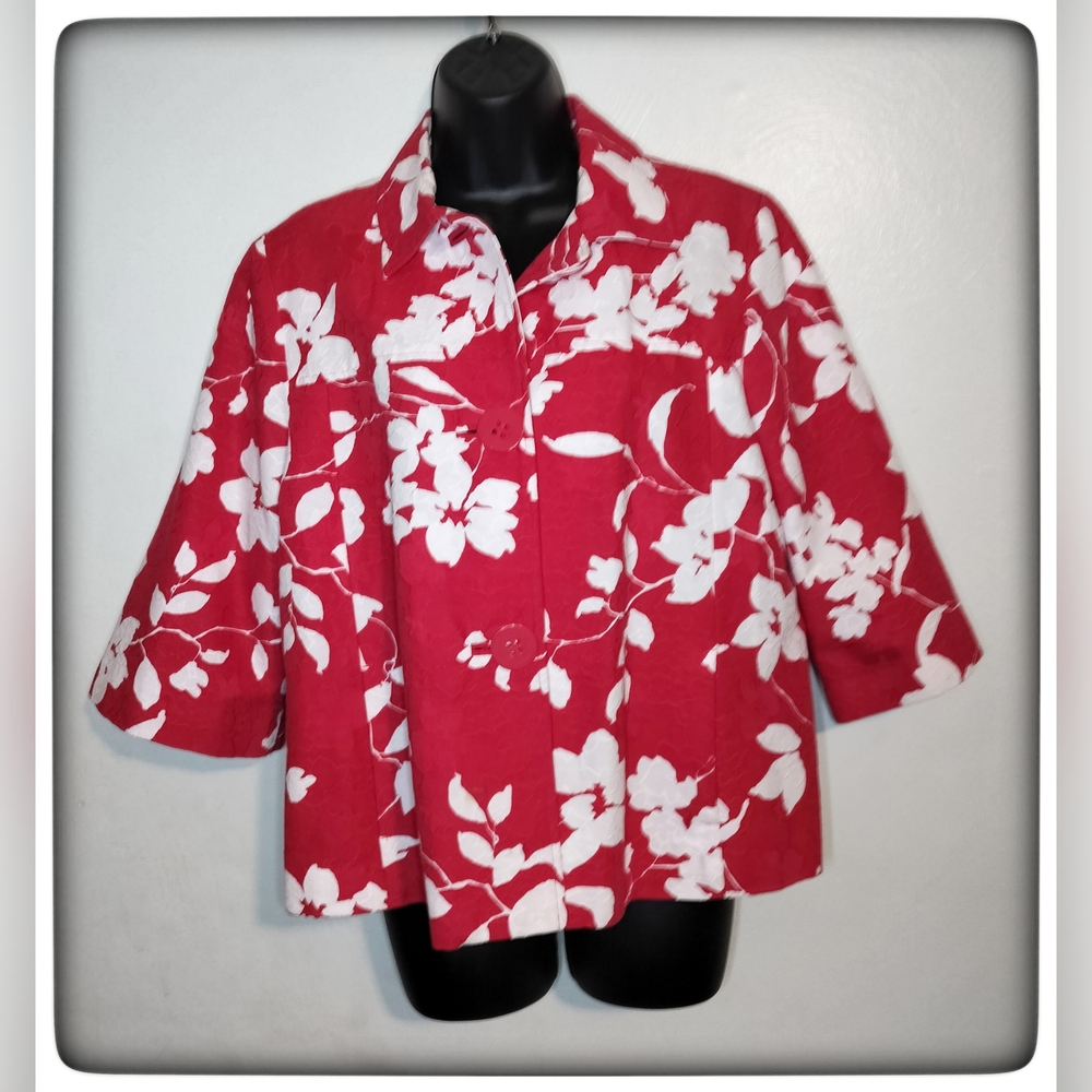 Coldwater Creek Red and White Floral Cropped Jacket Sz 16 NWT